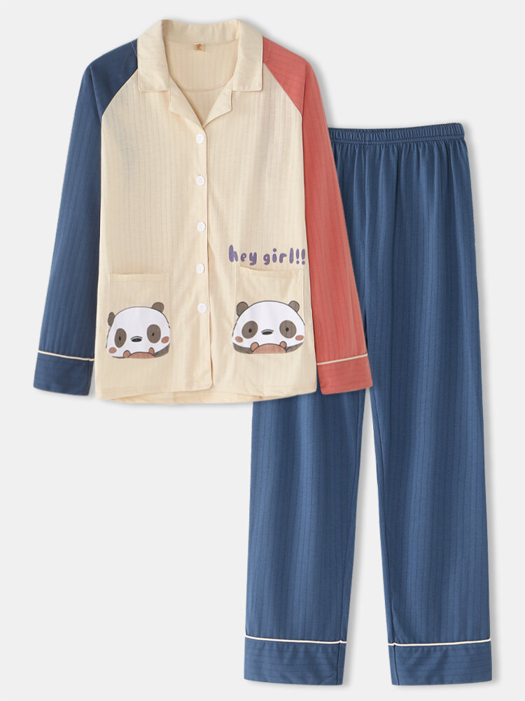 Dames Plus Maat Cute Panda Print Contrasterende raglanmouwen Katoenen Lounge Home pyjama sets