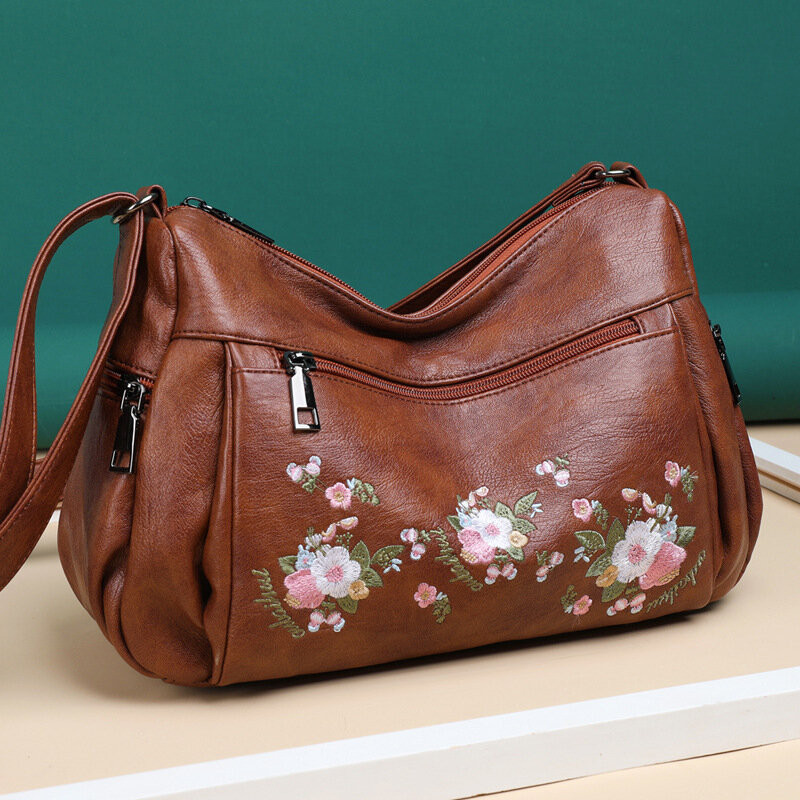 Women Ethnic Flower Embroidered Large Capacoty Crossbody Bag Vintage Texture Hardware Waterproof Bre