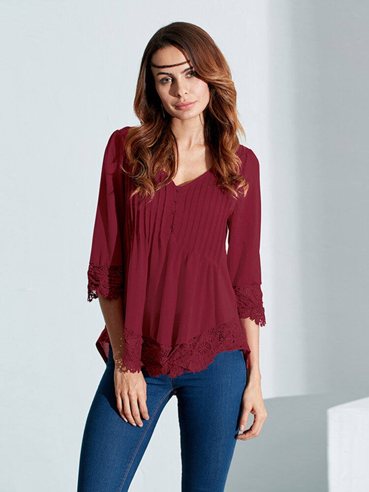 Casual Vrouwen V-Neck Pleated Lace Patchwork Drie Quarter Mouw Blouse