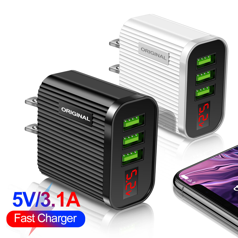 

Bakeey 3 Ports USB Charger EU/US Plug LED Display 3A Fast Charging Travel Charger Adapter Fast Charging for iPhone 12 Pr