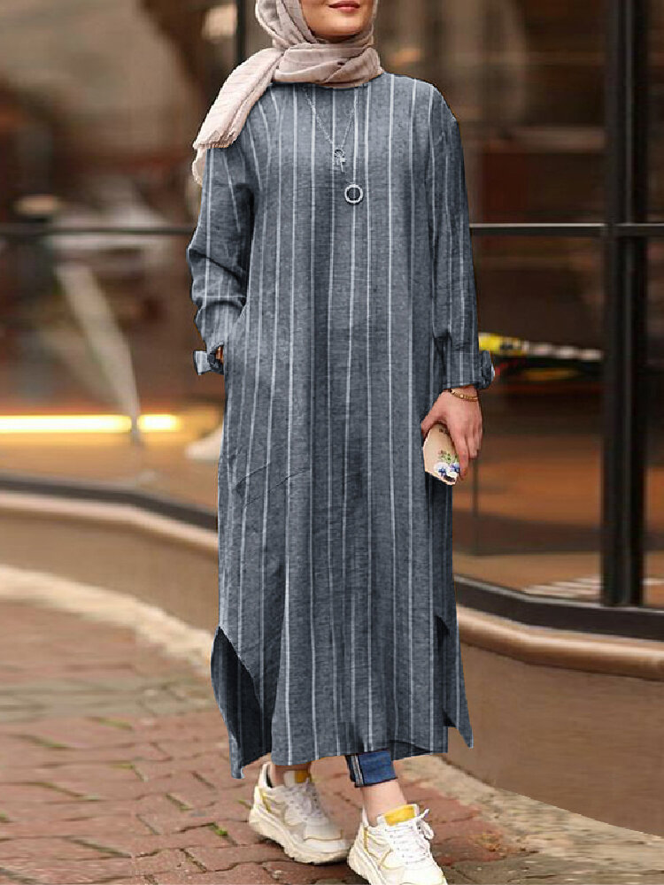 100% Cotton Women Stripe Printed Ankle Length Kaftan Maxi Dresses With Side Pocket