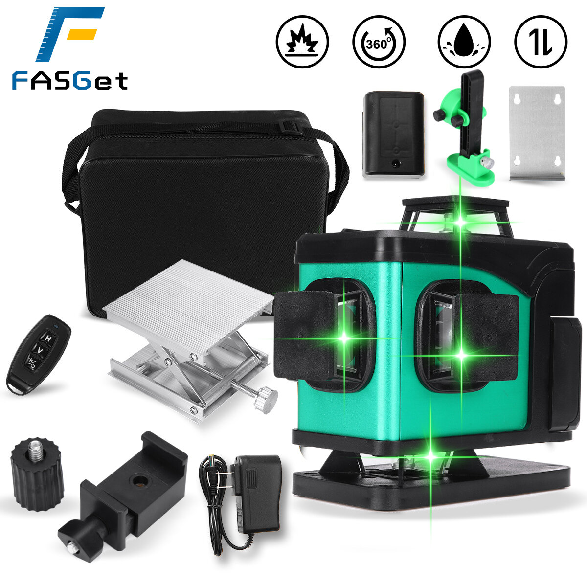 FASGet Laser Level 16 Lines 4D Self-Leveling 360 Horizontal And Vertical Cross Super Powerful Green 