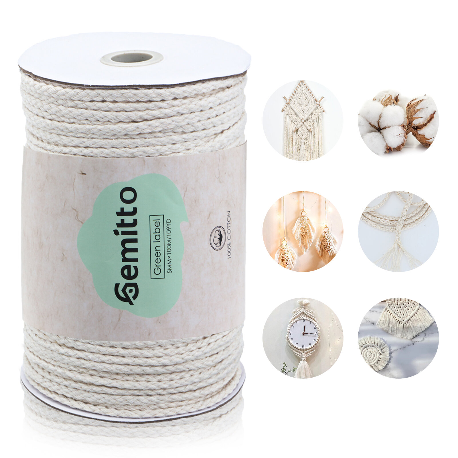 GEMITTO 100m Braided Rope Cotton Yarn Cords 100% Cotton DIY Craft Knitting Wall Hanging for Hand Kni