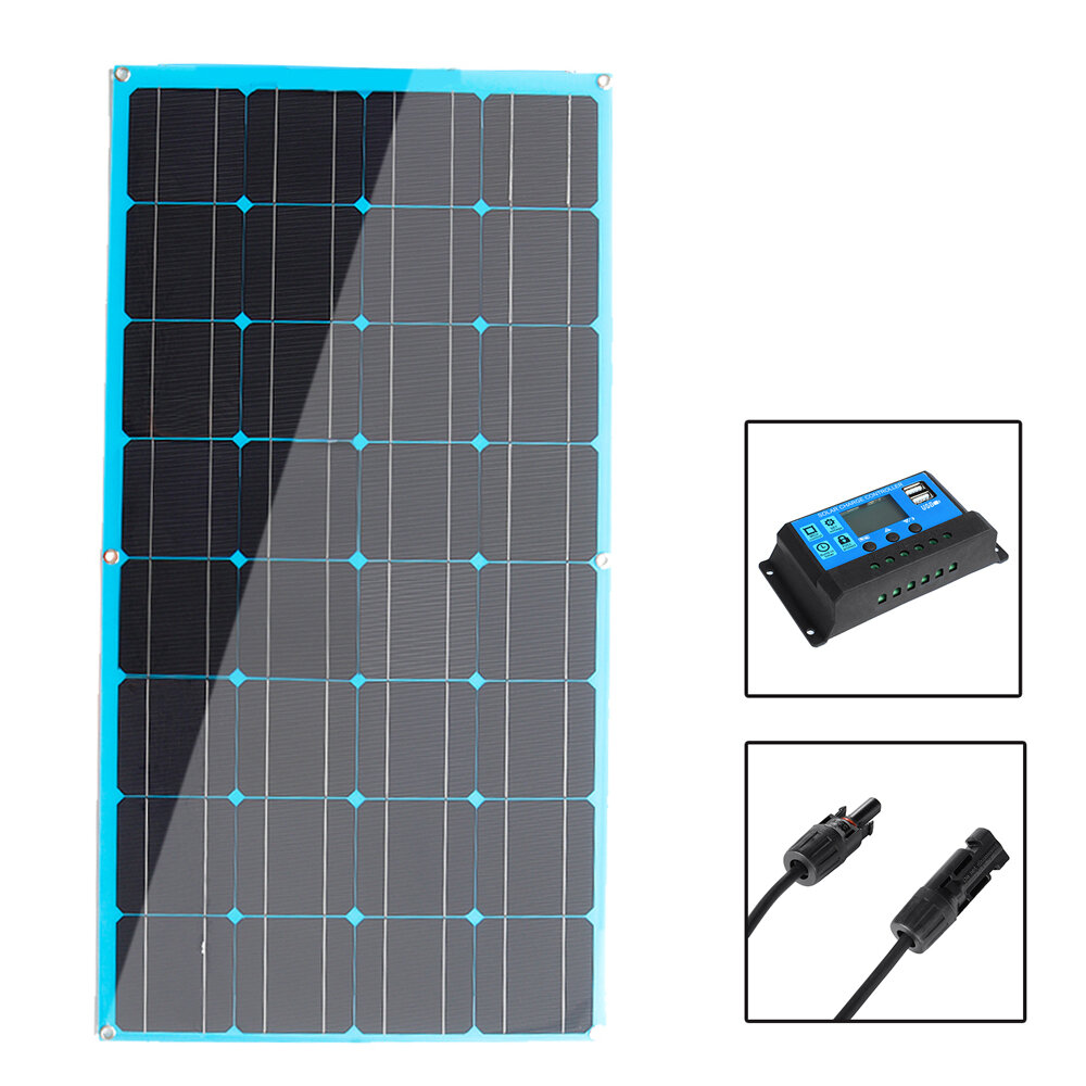 Panel solar policristalino de 100W 18V con doble salida USB/DC para carga de batería portátil para camping y viajes.