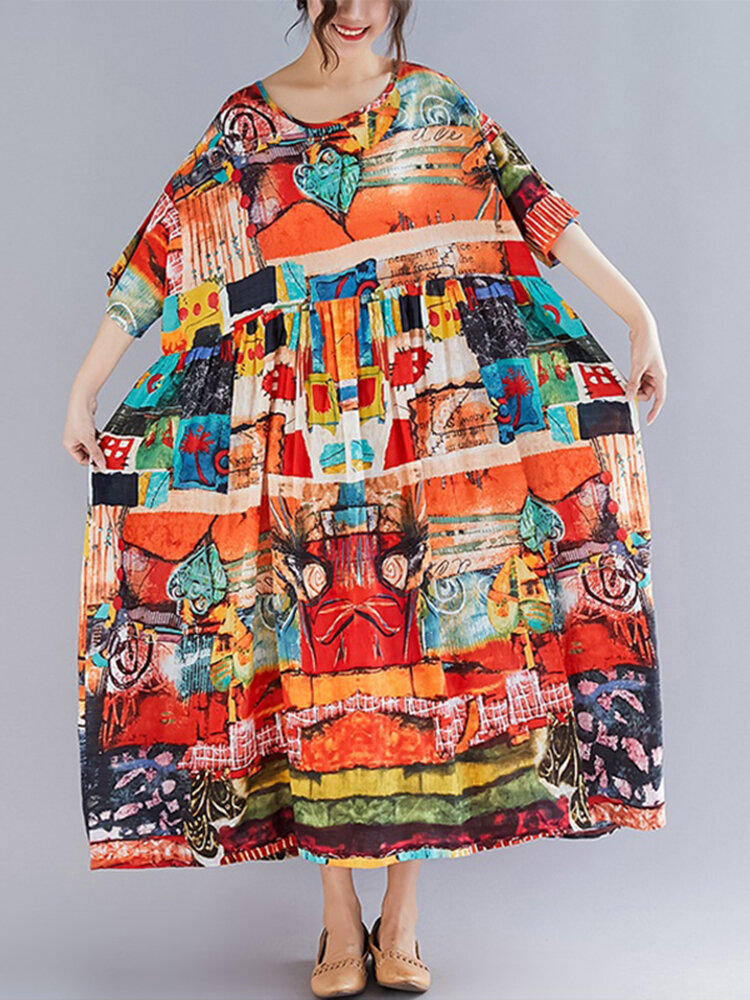 Vrouwen Bohemian Abstract Print O-hals korte mouw jurk