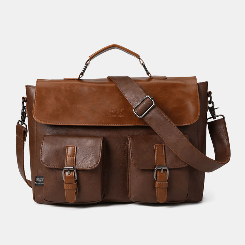 Men Vintage Multifunction Double Front Pocket Teacher Bag Briefcase 14 Inch Laptop Bag Crossbody Shoulder Bag