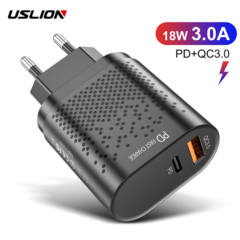 USLION 18W 3A Quik Charge 3.0 PD Charger USB Charger EU / US Plug for iPhone 12 XS 11Pro Huawei P30 Pro Mate 30 Mi10 K30 Oneplus 7T 5G for Samsung…
