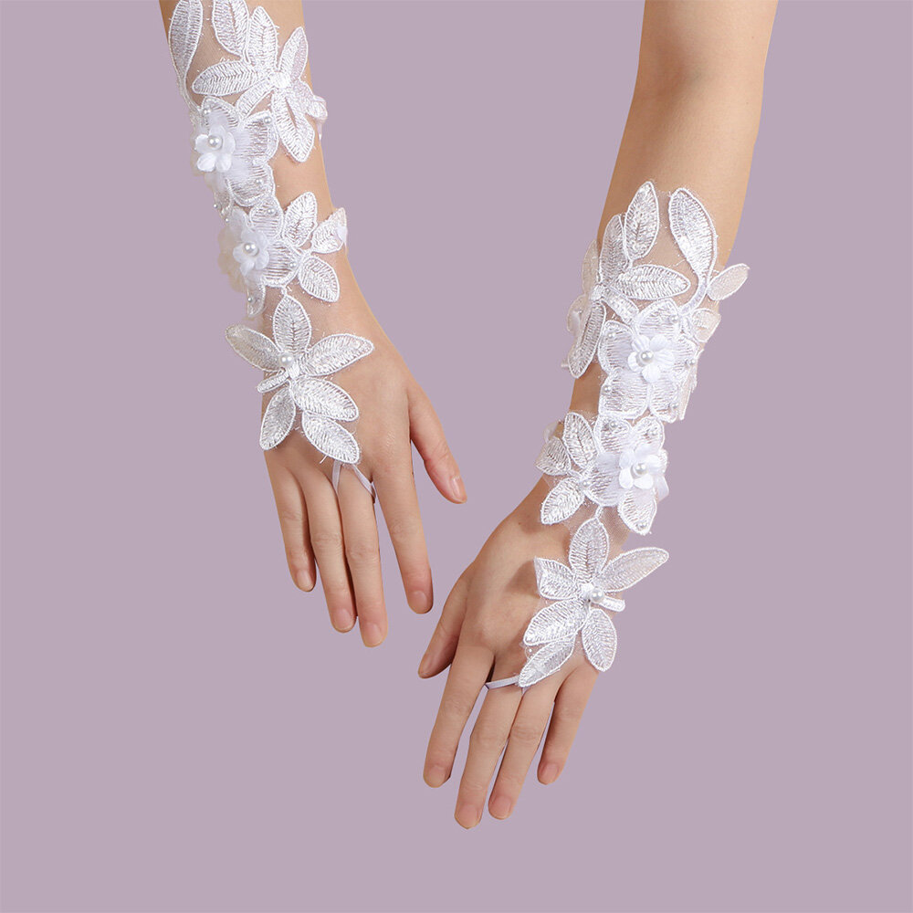 Women Mid-length Lace Flowers Bandage Decorative Breathable Split Finger Gloves Sun Protection Sleev