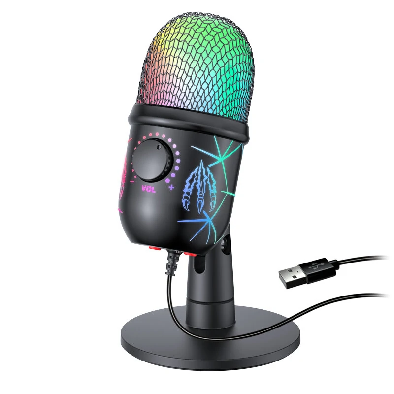 Microfone USB de Condensador V5 com Função de Retorno Cancelamento de Ruído Luz RGB