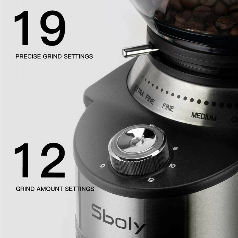 Sboly SY-801 200Wコニカルバーコーヒーグラインダー、調整可能なバーミルステンレス鋼19精密粉砕設定