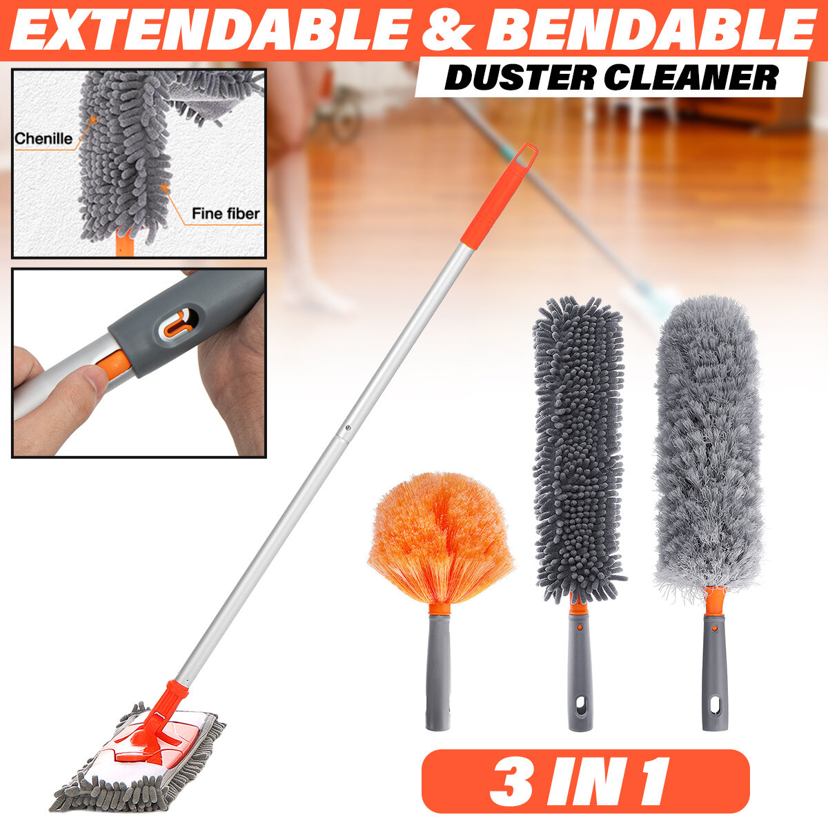 3 in1 Extendable Microfibre Cleaning Feather Duster Extending Brush Kit