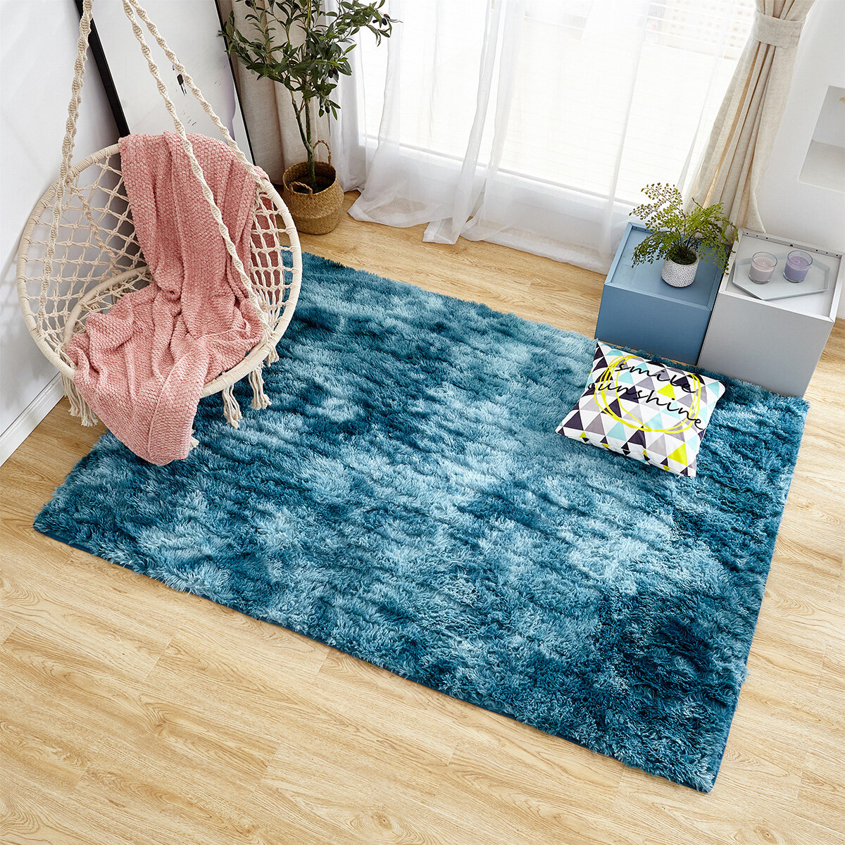 PV Velvet Blue Green Variegated Tie-dye Carpet Long Hair Gradient Floor Mat Eco-friendly Washable An