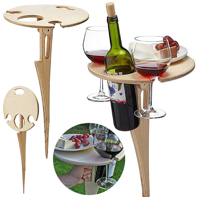 Houten buitenwijn tafel Draagbare inklapbare campingpicknicktafel Met glazen rek Wijnrektafel Reisbare opvouwbare fruit tafel