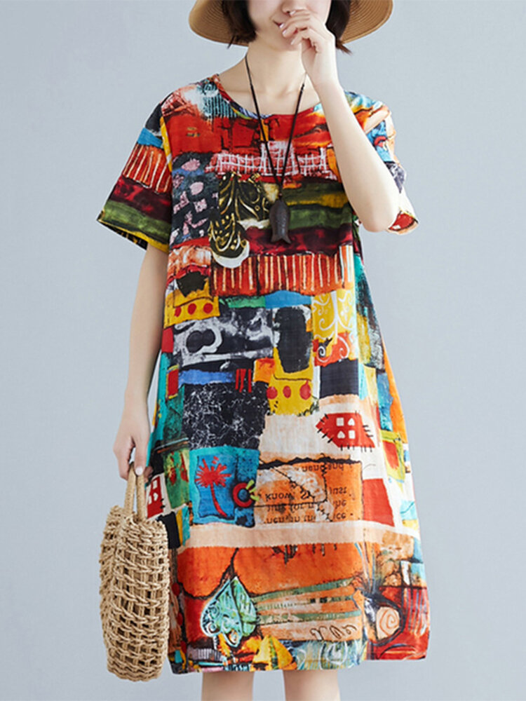 Abstract Painted Pocket Round Neck Short Sleeve Loose Midi Dress