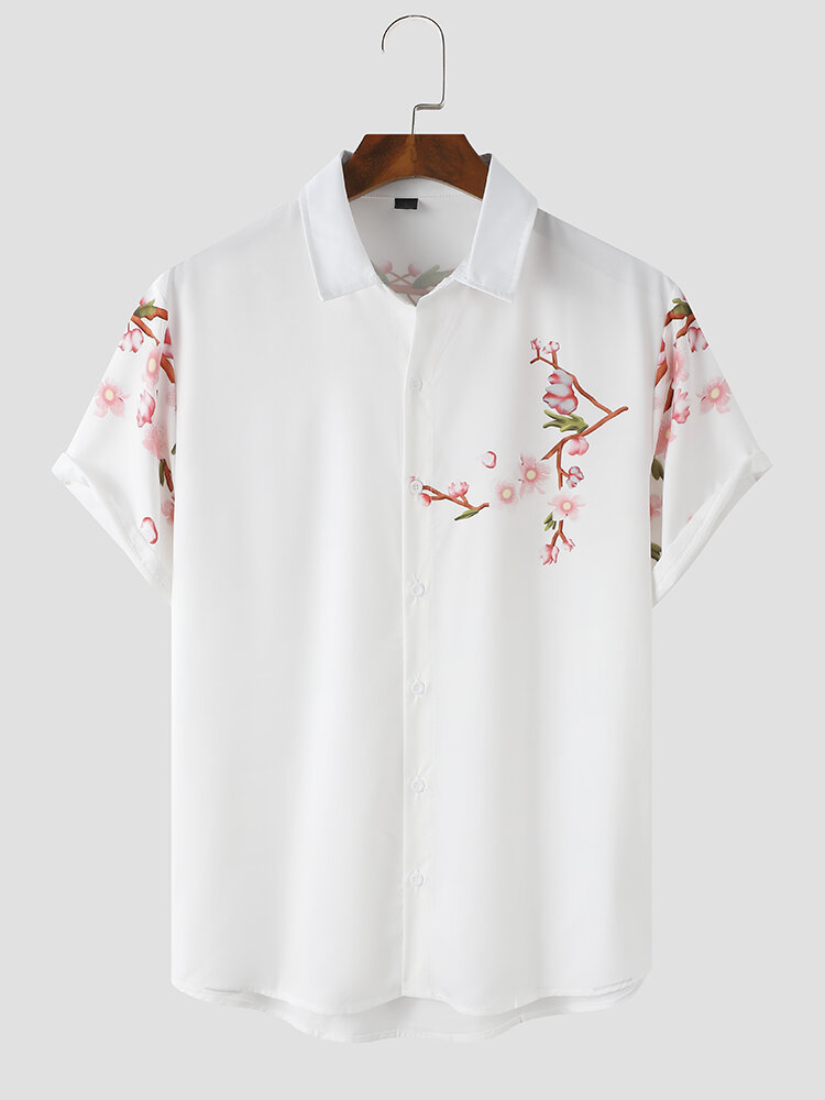 

Mens Cherry Blossoms Print Button Up Short Sleeve Shirts