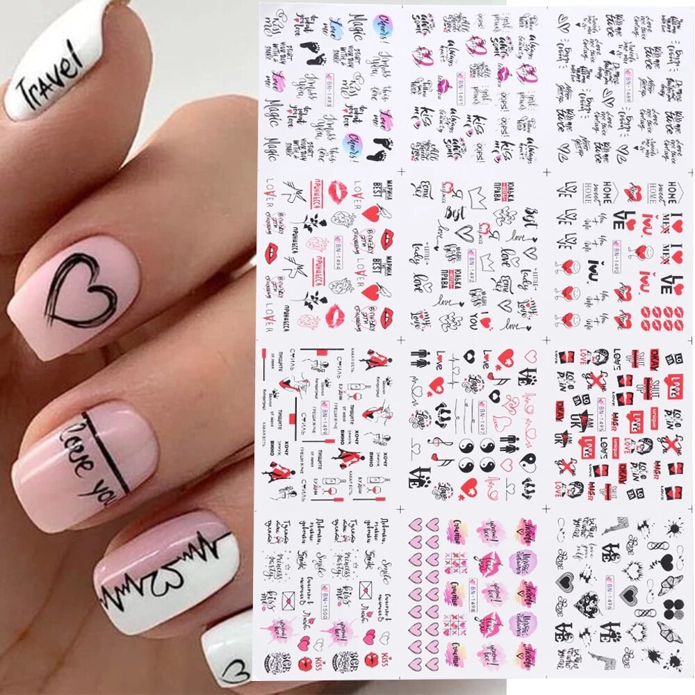 12 Pcs Nail Art Stickers Love Letter Flower Sliders Nail Art Decoration Valentine's Day Transfer Stickers