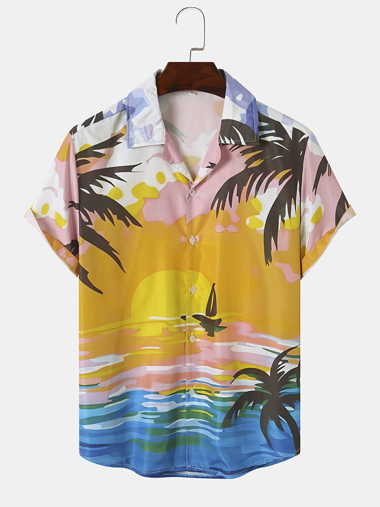 Heren Strandkleding met zonsonderganglandschapsprint Soft Comfortabel ademend Alle bijpassende shirt