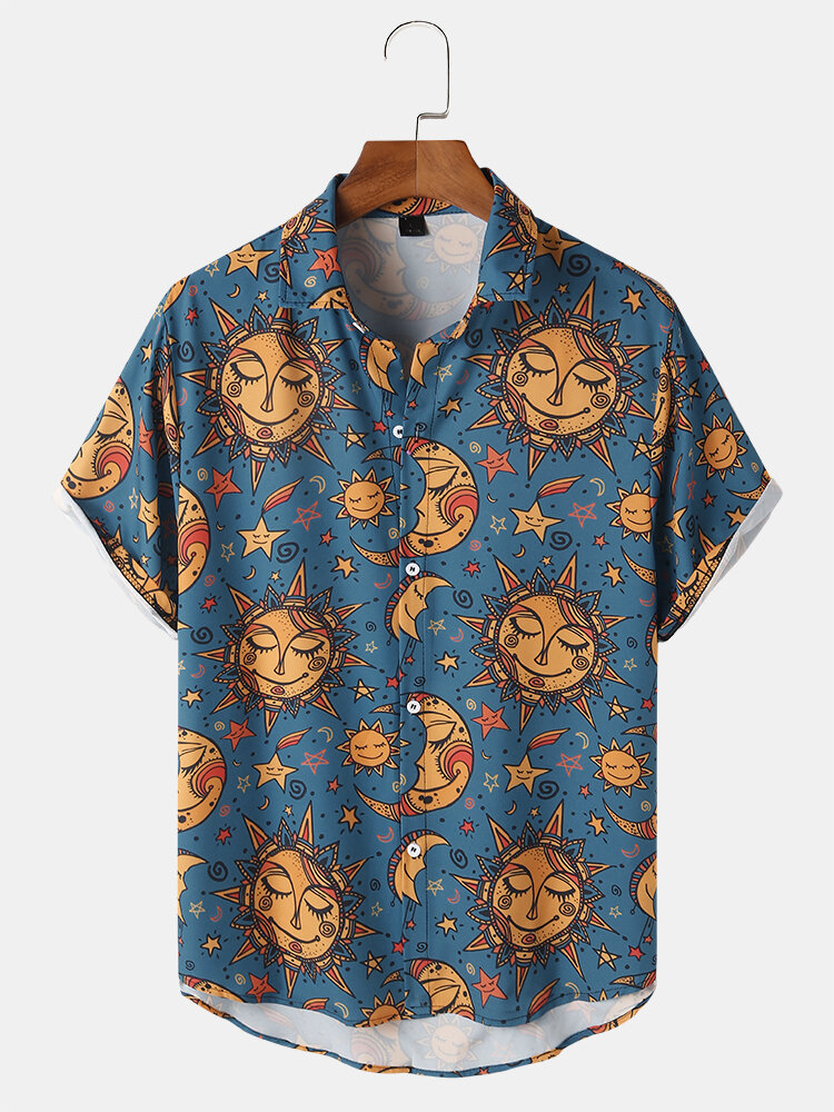 Heren shirt met korte mouwen en mysterieuze totem-revers met zon en maanprint