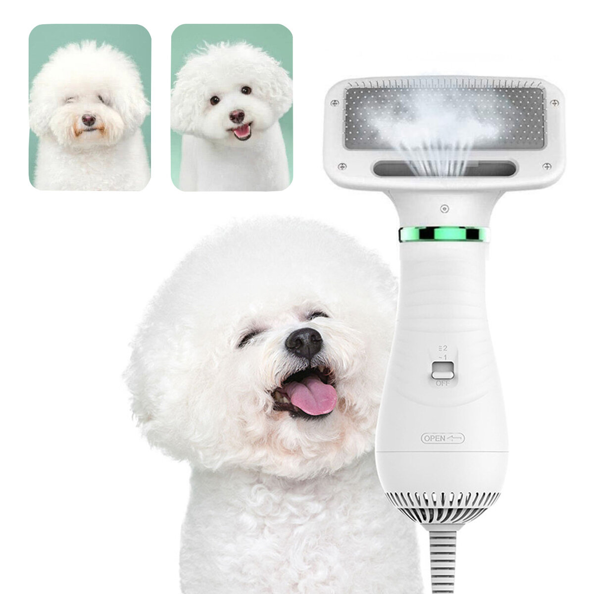 

2 in 1 Pet Grooming Hair Dryer Blower with Slicker Slicker Brush Adjustable Temperature Low Noise for Cat Dog Pet Groomi