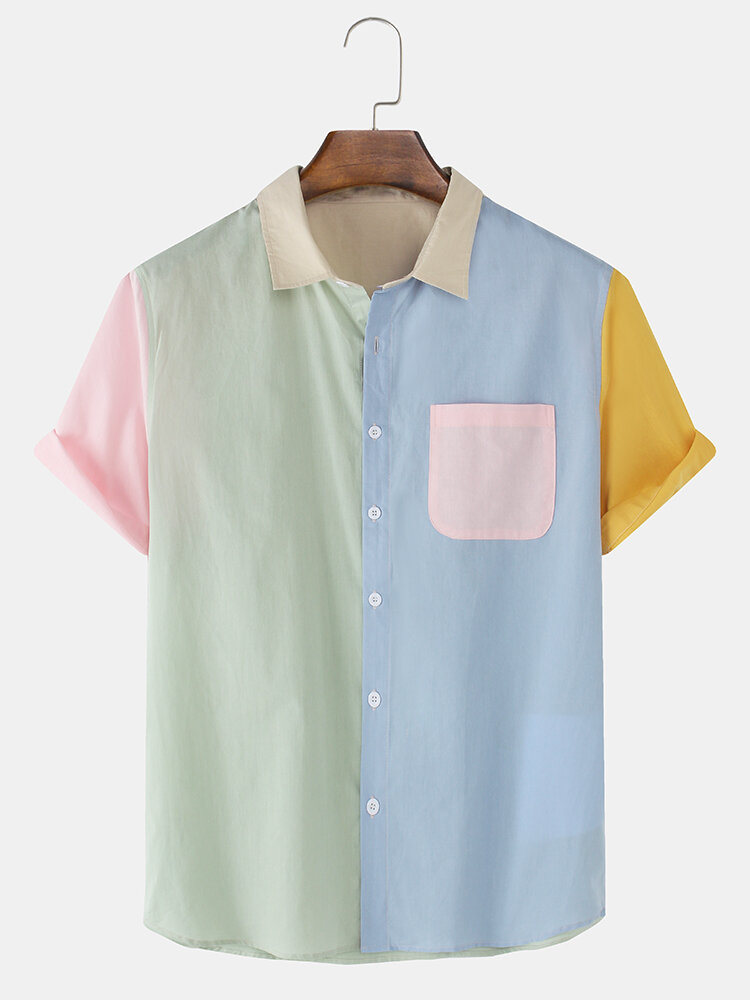Heren 100% katoenen patchwork casual shirts met korte mouwen en zak
