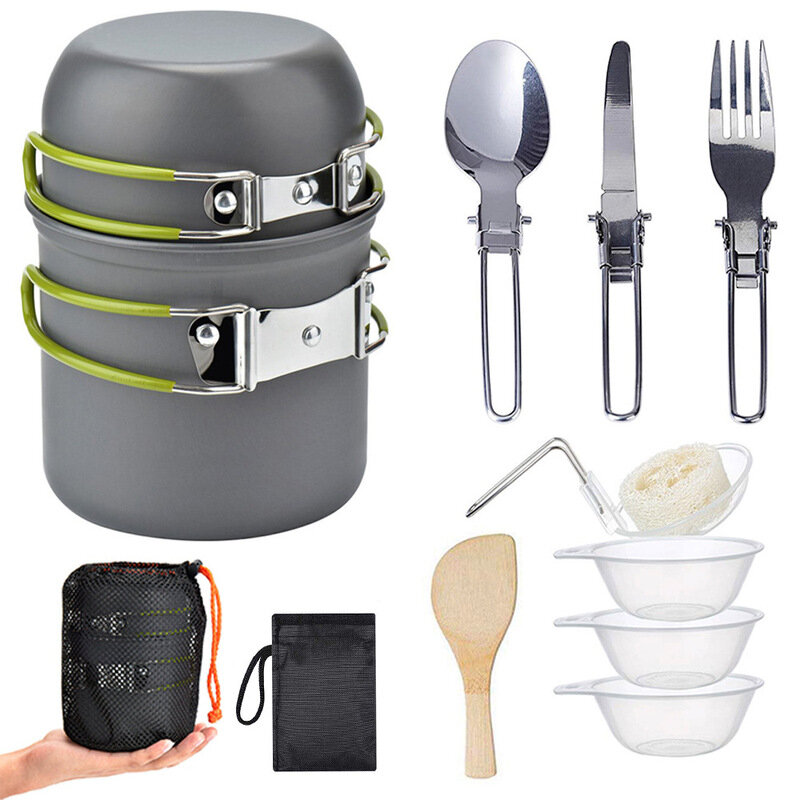 IPRee® Juego de utensilios de cocina para acampar de 12 piezas en acero inoxidable, conjunto portátil de ollas y sartenes para exteriores, cubiertos de camping.