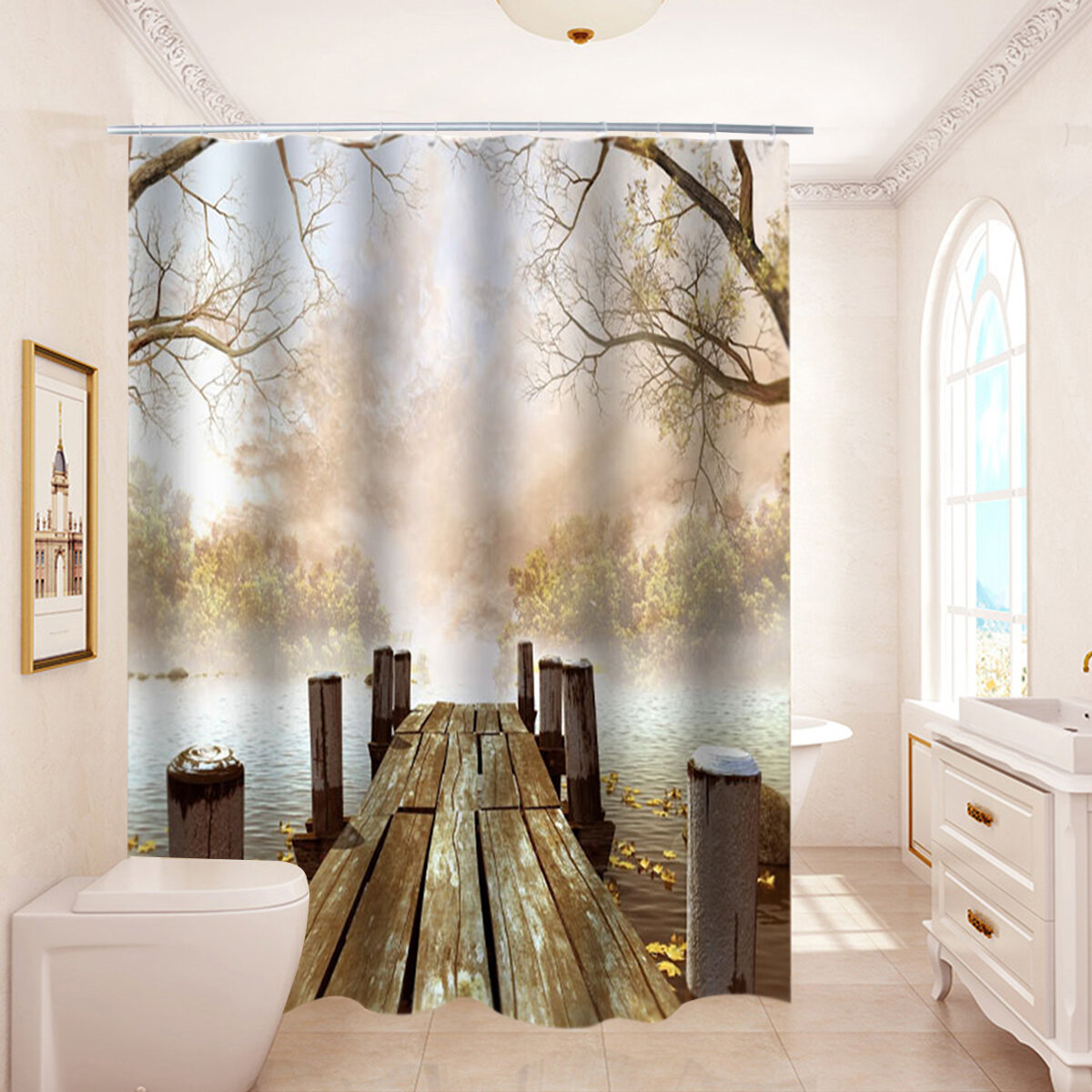 180x180CM Wooden Bridge Printing Bathroom Shower Curtain Toilet Cover Mat Non-Slip Rug Set