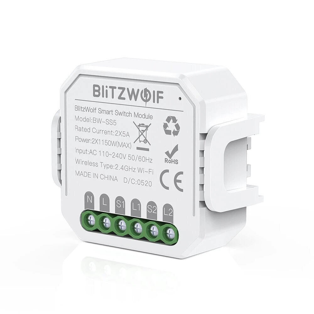 [5 pcs] blitzwolf® bw-ss5 2300w 2 gang wifi smart switch no hub required timer relay switch module wireless app remote control voice control works with amazon alexa & google assistant