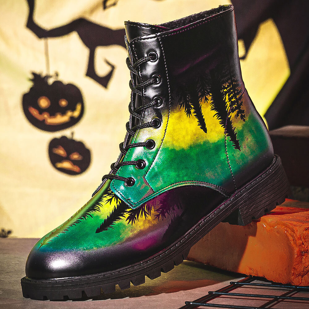 Heren Leren Halloween-afdrukken Soft Zool Ronde neus Comfy Colorful Casual Martin-laarzen