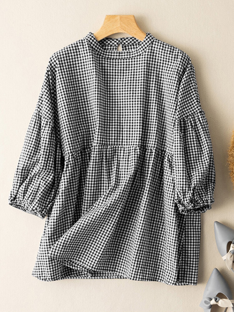 

Women Plaid Printed Pleats O-Neck Butterfly Knot Drawstring Loose Shirts