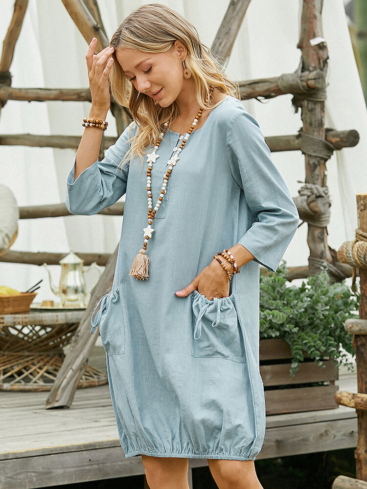Women Solid Color Half Button Long Sleeve Dress With Drawstring Pocket