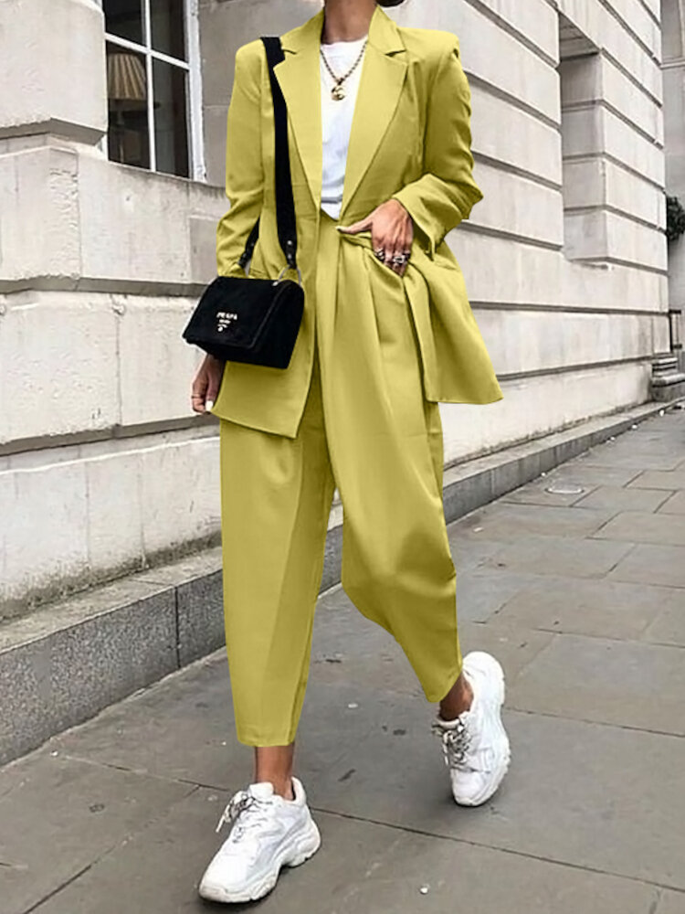 Women Commute Two-Piece Solid Color Maxi Length Lapel Zipper Casual Suits