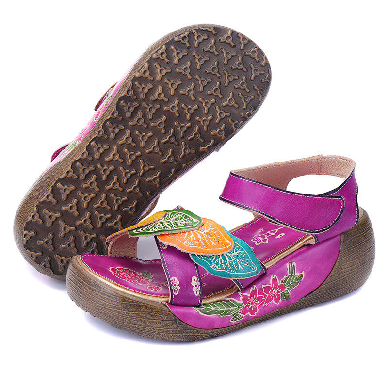 SOCOFY Women Summer Bohemia Genuine Leather Sandals Handmade Wedge Platform Shoes