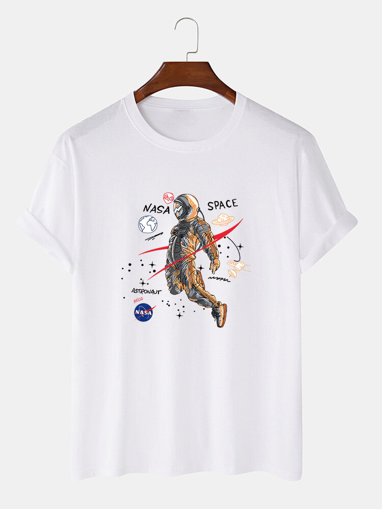 Cartoon Astronaut Print 100% Cotton Casual Short Sleeve T-Shirts