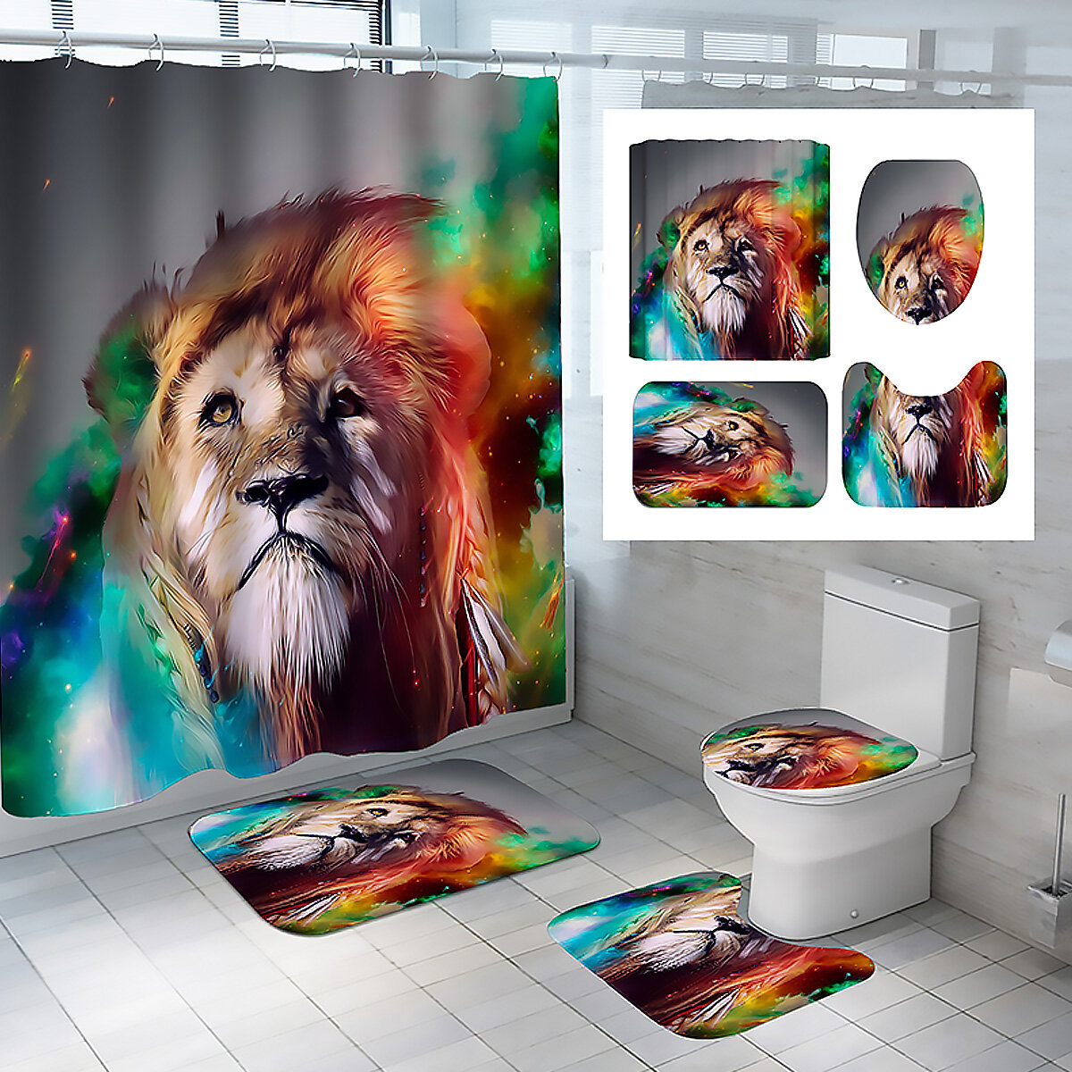 180x180CM Colorful Lion Waterproof Shower Curtain Anti-skid Bath Floor Mat Lid Cover Set