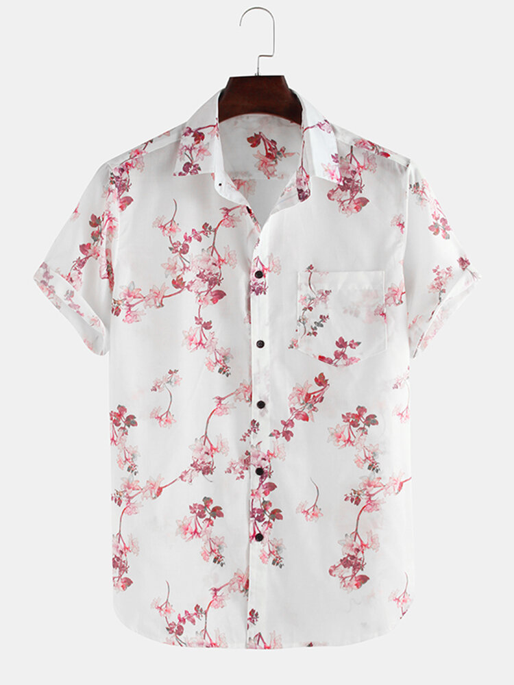 Heren kersenbloesems bloemenprint korte mouw casual vakantie shirts