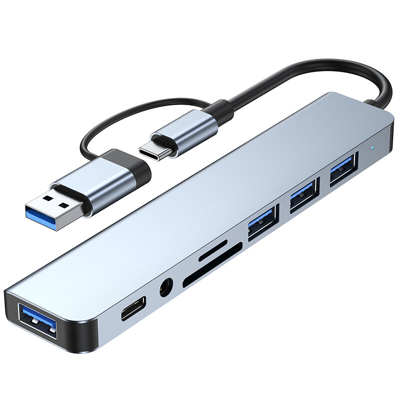 8-in-1 Type-C Dockingstation USB-C hubsplitteradapter met USB3.0*2 USB2.0*2 USB-C data*1 SD/TF-kaart