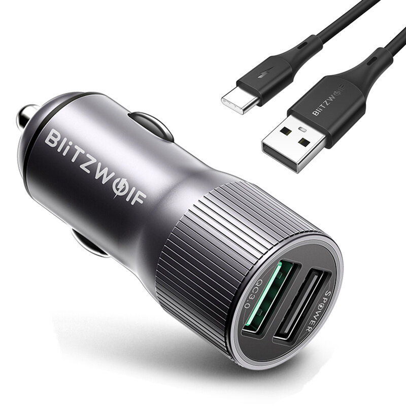 

BlitzWolf® BW-SD2 30W QC3.0 Car Charger + BW-TC14 3A USB Type-C Black Cable for iPhone 12 11 XR X for Samsung Galaxy Not