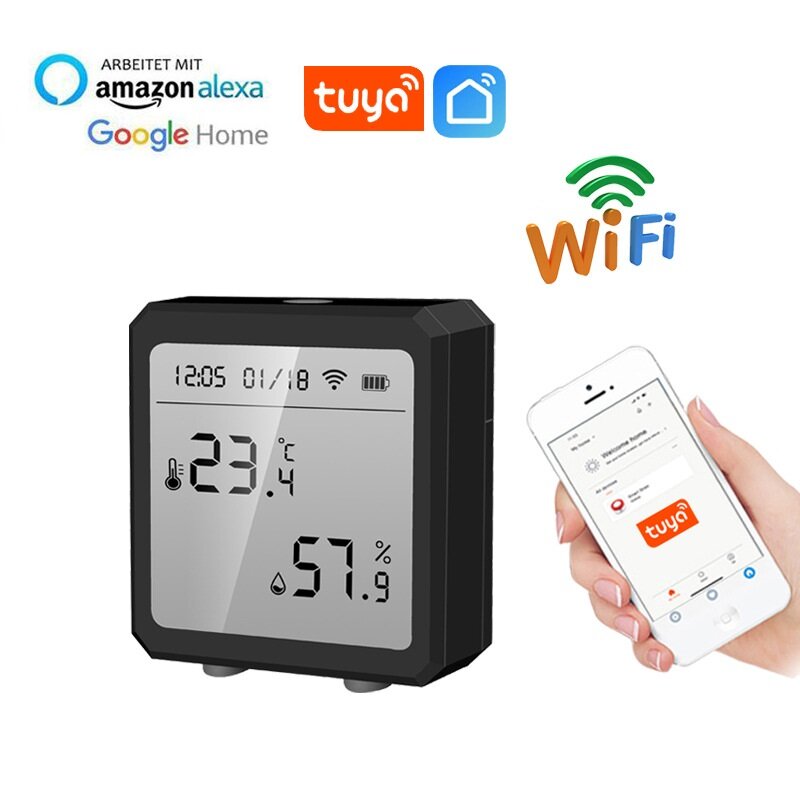 Tuya WiFi Smart Digital Temperature and Humidity Sensor with LCD Date Time Display Support Alexa Google Home