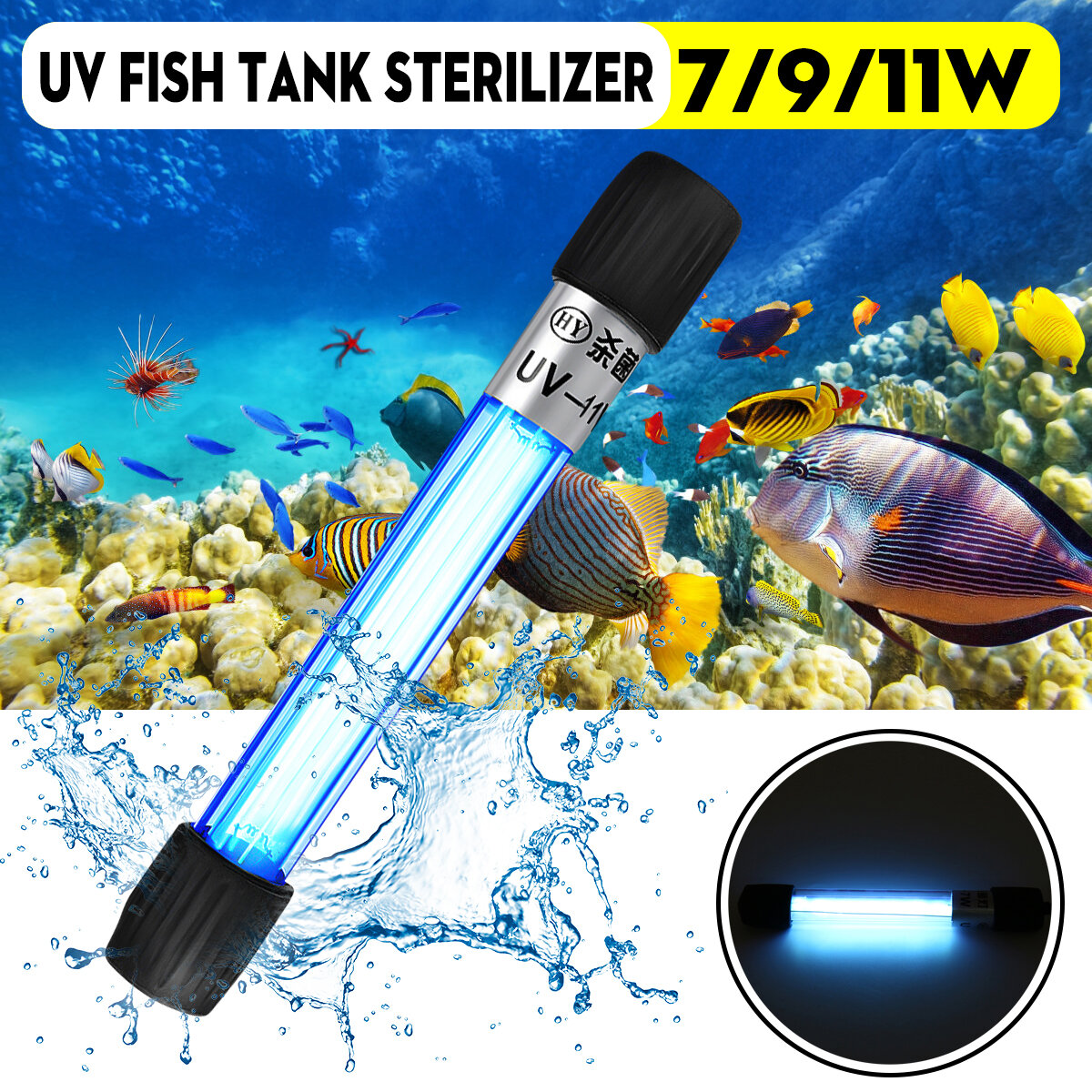 

7W/9W/11W Submersible Лампа Аквариум Tank Fish UV Легкий стерилизатор Water Clean