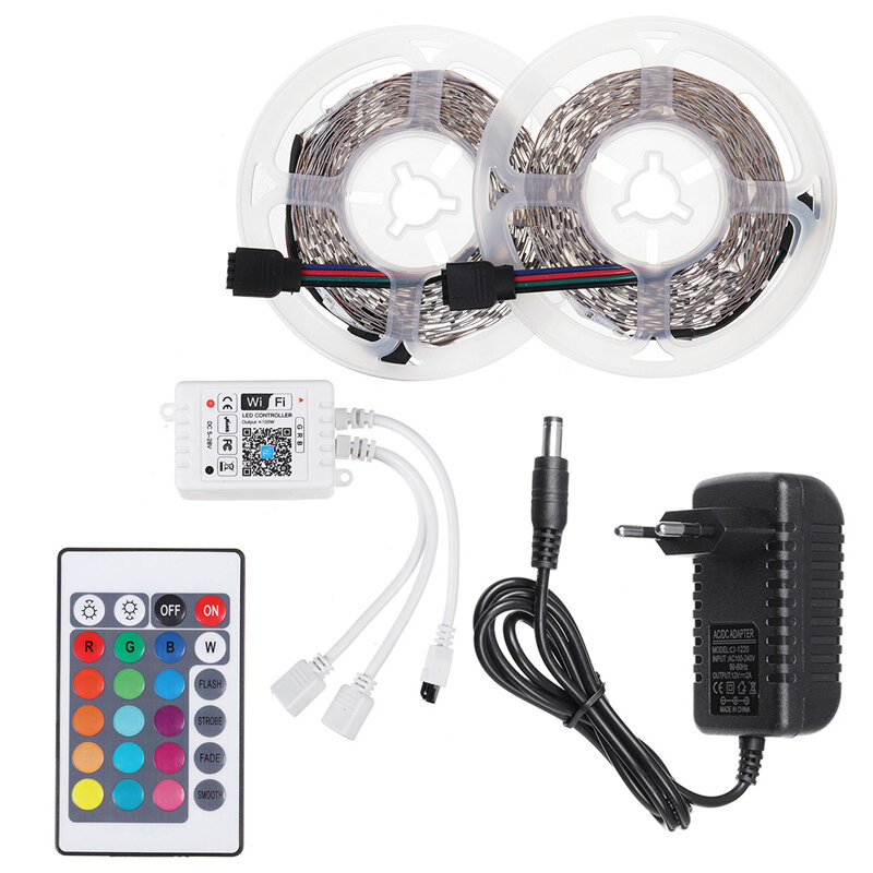 

5M/10M 2835 RGB 600 LED Strip Light Non-waterproof DC12V+24 KEY Remote Control +WiFi Controller+Power Adapter Christmas