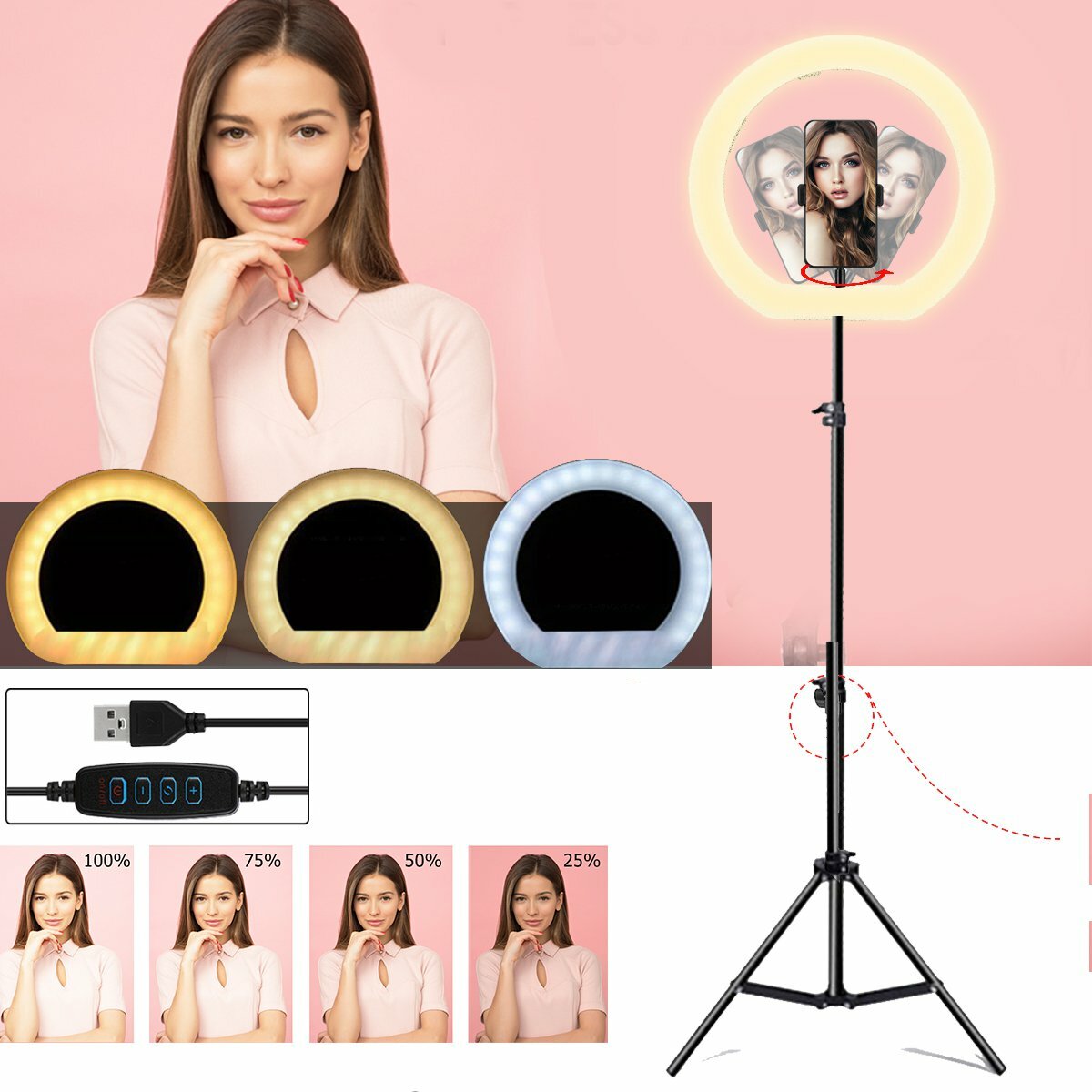 LED Ring Licht Dimbare Selfie Lamp Statief Stand Telefoon Houder USB Powered voor Vlog YouTube Tikto