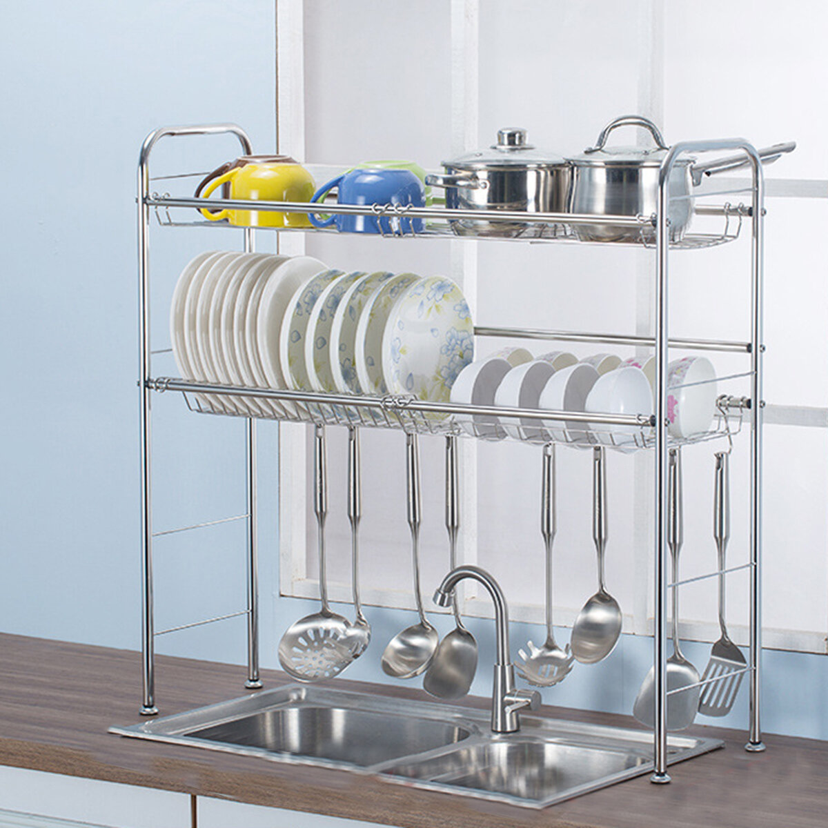 2 Tiers Stainless Steel Dishes Rack Dual Sink Drain Rack Adjustable Multi-use Kitchen Organizer Rack