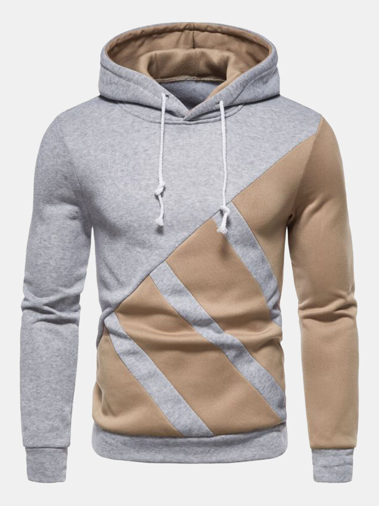 Men Splicing Contrast Color Slant Strip Drawstring Casual Hooded Sweatshirt