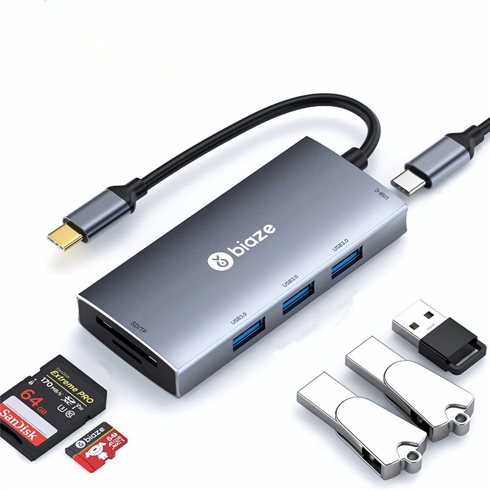

BIAZE KZ8 6 в 1 Type-C до 3 * USB 3,0 87 Вт PD Быстрая зарядка SD TF Card Reader Data Hub Док-станция для планшетного но