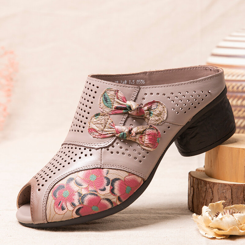 SOCOFY Ethnic Floral Bowknot Decor Hollow Out Printed Cowhide Leather Peep Toe Heel Sandas.