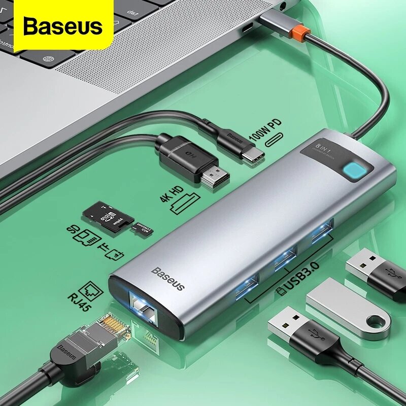 Baseus 8-in-1 USB-C Hub Docking Station Adapter With 100W PD Power Delivery...