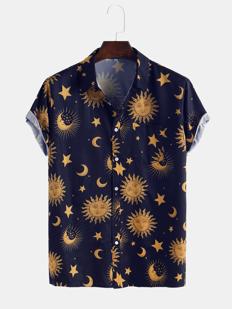 Men Sun Moon Print Short Sleeve Relaxed Shirts