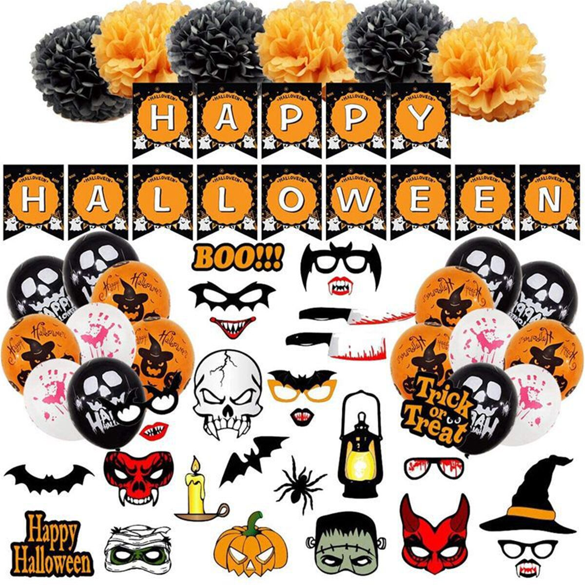 53Pcs Halloween Party Decoration Balloons Banners Photo Booth Props Scary Selfie Card Party Decorati