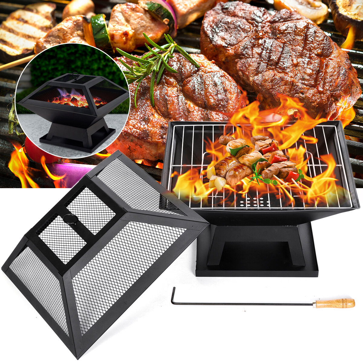18.5x18.5x5.31inch 2-in-1 BBQ Grill Heater Fire Pit Square Firepit Brazier Outdoor Camping Picnic Garden