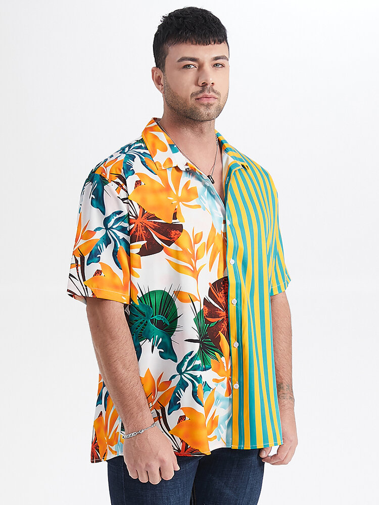 

Plus Size Mens Striped Patchwork Tropical Leaves Hawaii Casual Short Sleeve Shirts